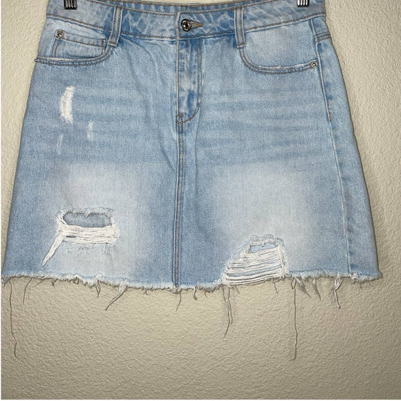Pimki Skirt Blue Denim Mini Destroyed Raw Hem Button Zip Casual Size Small - Picture 4 of 10